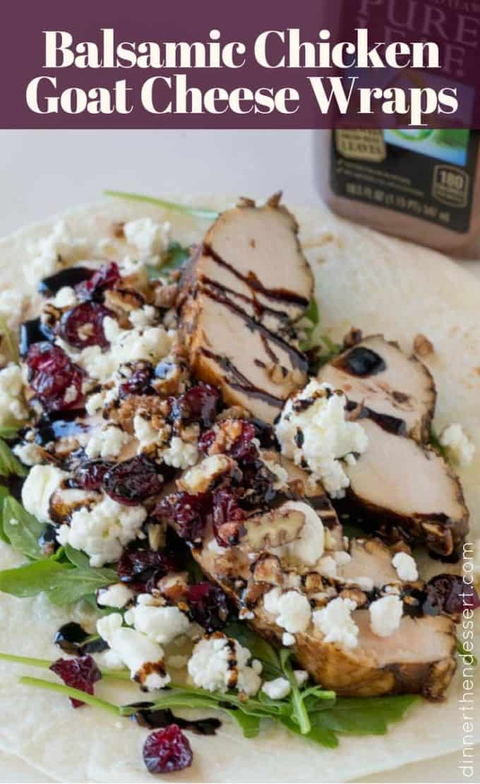 Balsamic Chicken Goat Cheese Wraps made with balsamic roasted chicken breasts, arugula, pecans, cranberries and goat cheese and topped with a wonderful balsamic glaze. The perfect lunch on the go.