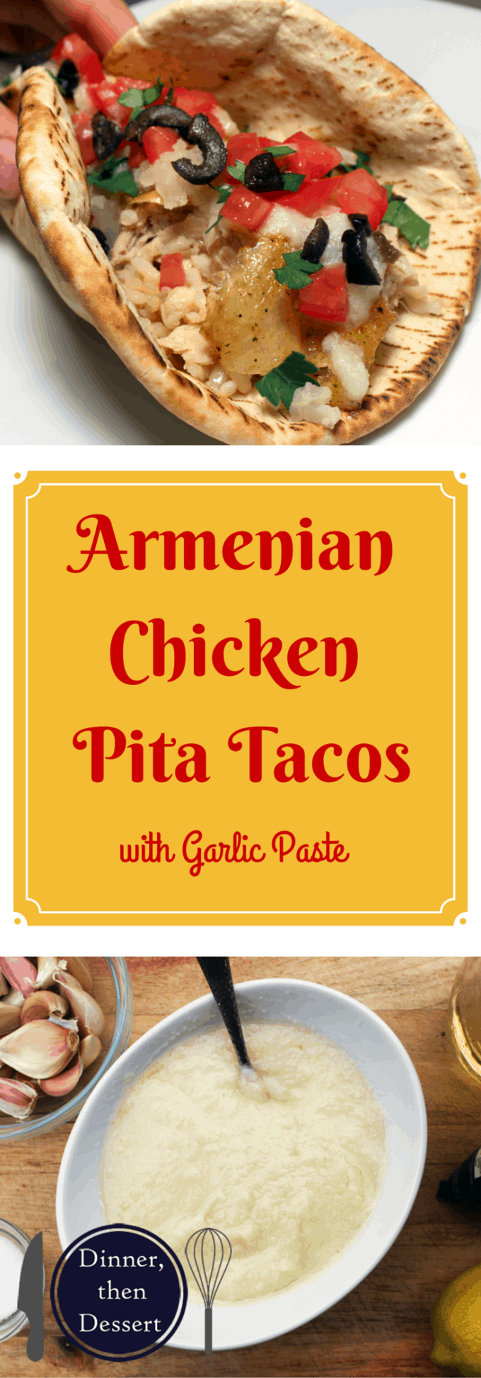 Armenian Garlic Rotisserie Chicken Pita Tacos are delicious crispy chicken in pita bread with garlic paste, lettuce, tomato and pickled veggies. Like a homemade gyro!
