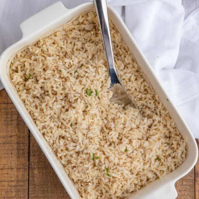 Cooked Brown Rice in Rectangle Dish