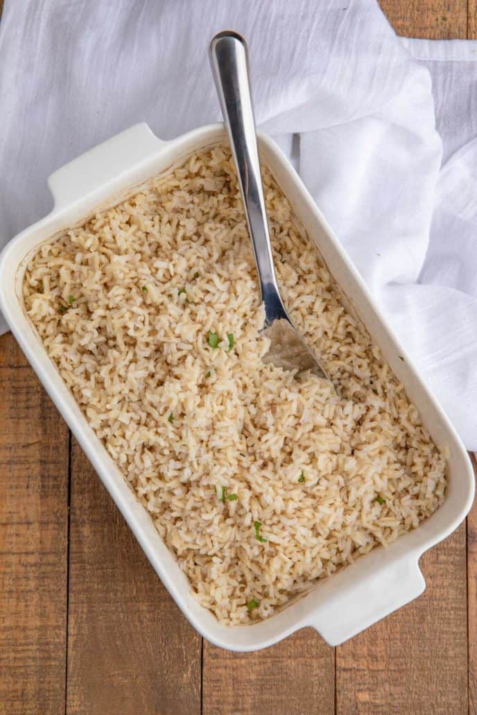 Cooked Brown Rice in Rectangle Dish