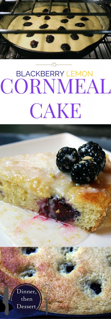 A delicious light sweet cornbread cake with fresh blackberries dotted on top and a luscious lemon glaze.