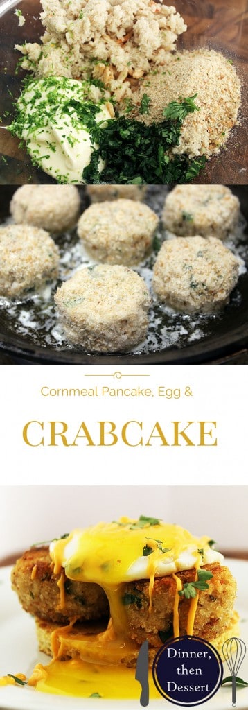 Cornmeal Pancake recipe topped with crab cakes and an easy over egg. The sauce on top is a spicy rémoulade sauce, but you can use a hollandaise or spicy cream sauce.