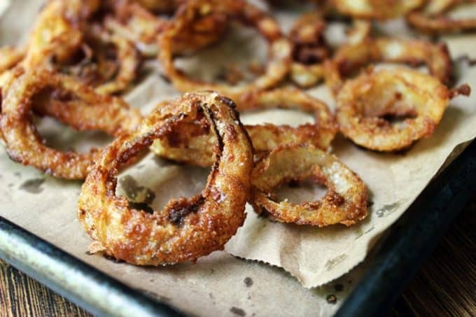 Onion rings made with thin onion ring batter for extra crisp