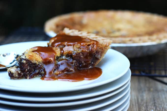 A deliciously melty, warm, chocolate chip caramel cookie baked into a buttery crisp pie crust. Serve alone (this is a very rich pie!) or with ice cream or whipped cream.
