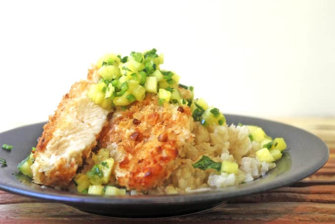 This chicken dish is crusted with macadamia nuts and topped with pineapple jalapeno salsa. Go on a tropical summer vacation in your kitchen! In only 30 minutes!