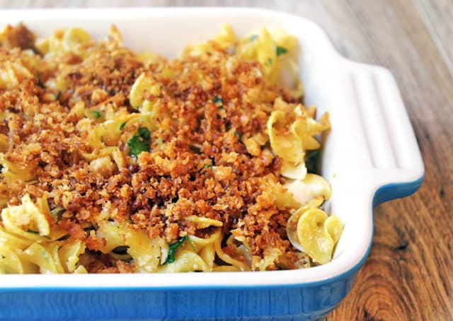 Baked with lots of Parmesan cheese, this pasta is full of classic Caesar salad flavors and topped with a deliciously rich buttery cracker crust. You can also serve this pasta unbaked as a pasta salad at a picnic!