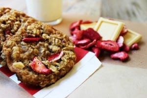 Strawberries, White Chocolate and Oats make for a delicious cookie that is low in calories and fat! With only 1/4 cup of butter, these cookies are still chewy and rich despite being a light recipe!