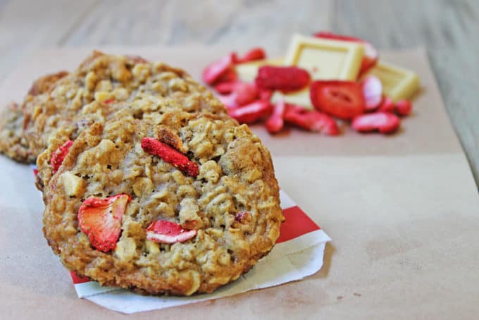 Strawberries, White Chocolate and Oats make for a delicious cookie that is low in calories and fat! With only 1/4 cup of butter, these cookies are still chewy and rich despite being a light recipe!