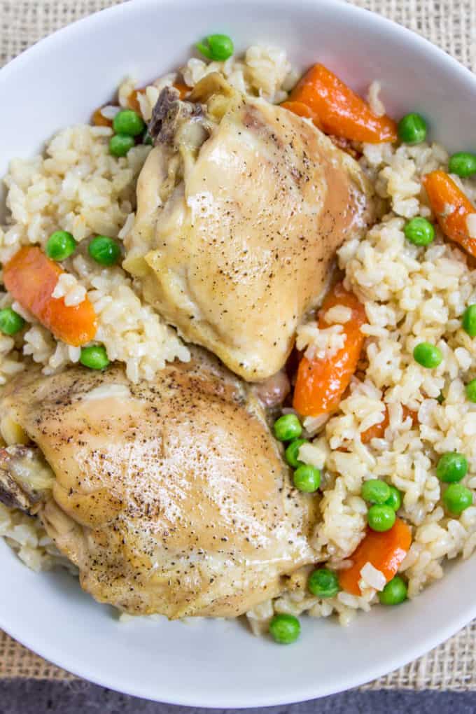 Chicken and rice casserole with peas and carrots