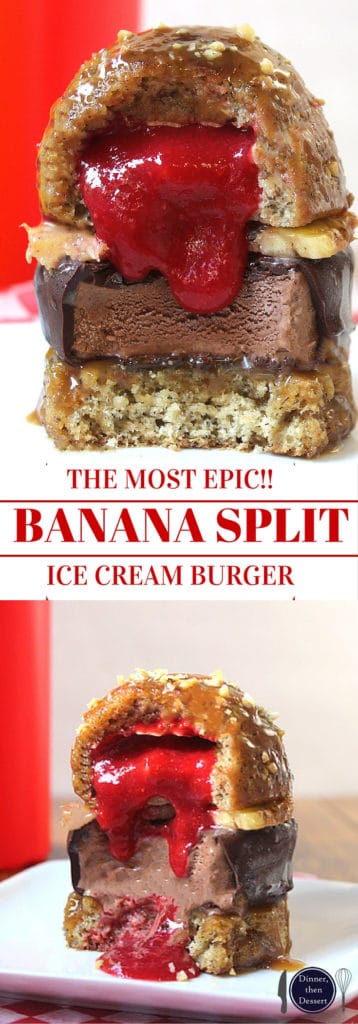 Banana Split Ice Cream Burger with homemade Klondike bar patty, banana cupcake bun, pineapple "cheese" and strawberry "ketchup." A showstopper.