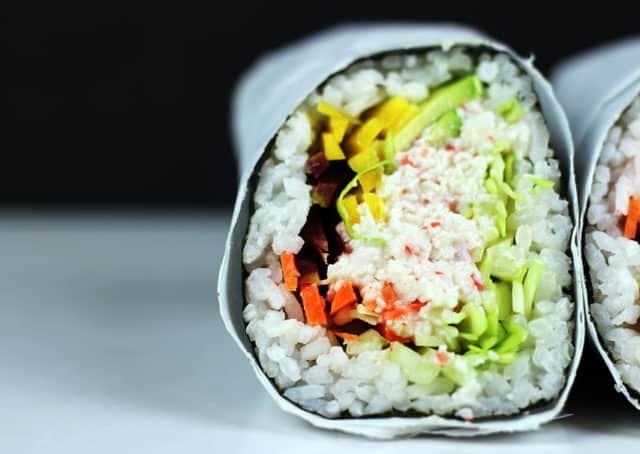 Try the sushirrito trend taking over the Bay Area in California! Sushi gets supersized with an Imitation Crab California Roll Sushi Burrito that is filled with imitation crab, cucumber, avocado, carrots and napa cabbage. Serve with spicy mayo, and soy sauce and laugh at all the normal sized california rolls people are still eating.