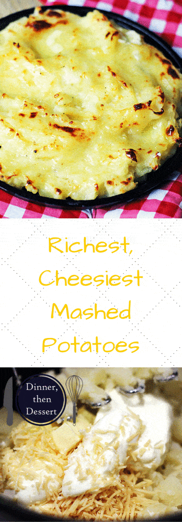 The richest mashed potatoes with five kinds of dairy! They are tangy, cheesy, rich and creamy with a deliciousy crisp crust out of the oven.