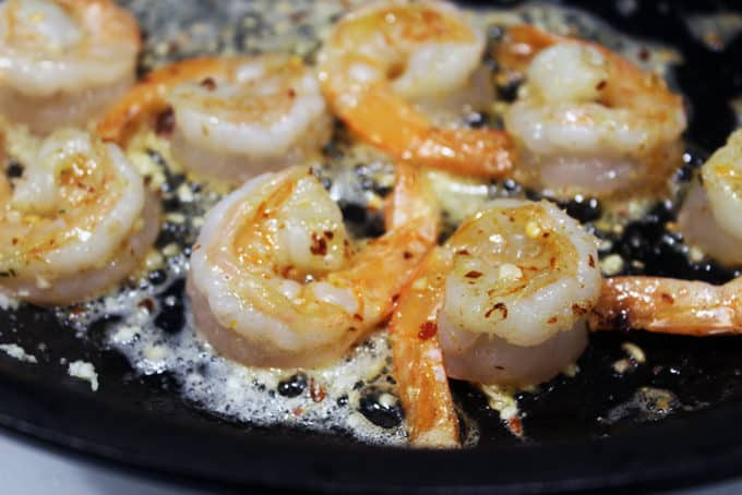 Cooked Shrimp in skillet for Shrimp Scampi Pasta dish