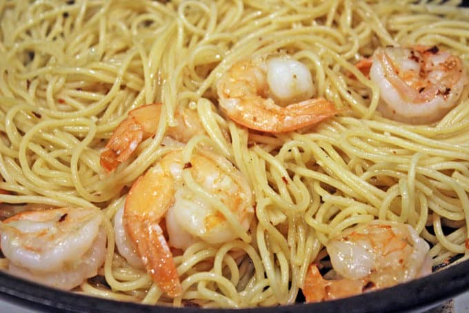 Parmesan Shrimp Pasta tossed in skillet