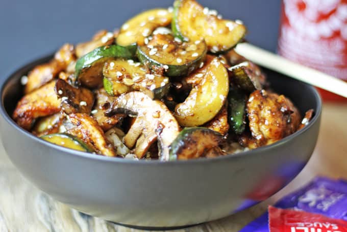 Panda Express Mushroom Chicken in just 20 minutes! You'll be sitting down to dinner faster than you could drive there and pick some up and come home! Lightly sauteed zucchini and mushrooms in a soy ginger and garlic sauce.