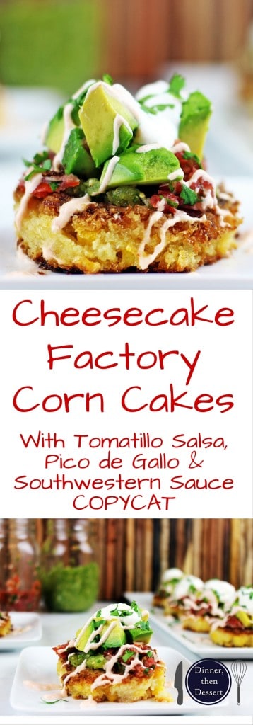 Tender, buttery corn cakes topped with tomatillo salsa, pico de gallo, southwestern sauce, avocadoes, cilantro and sour cream! A true Cheesecake Factory Favorite brought into your own kitchen!! Easy to make and really fast with a food processor!