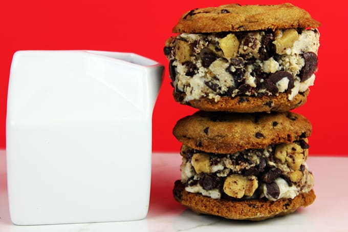 The Ultimate Cookie Dough Ice Cream Sandwich! What makes it The Ultimate? We start with cookie dough flavored ice cream (yes the ice cream itself is made with melted eggless cookie dough, mixed with large chunks of semisweet chocolate and Eggless Chocolate Chip Cookie Dough. Then we sandwich that delicious ice cream with two of the most amazing Chocolate Chip Cookies you'll ever eat in your life.