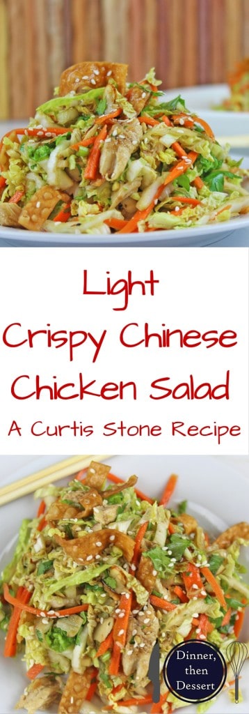 Lightly dressed Chinese Chicken Salad with grilled chicken, crunchy wontons, toasted almond and sprinkled with sesame seeds over a crunchy napa cabbage and carrot salad. Done in 15 minutes!