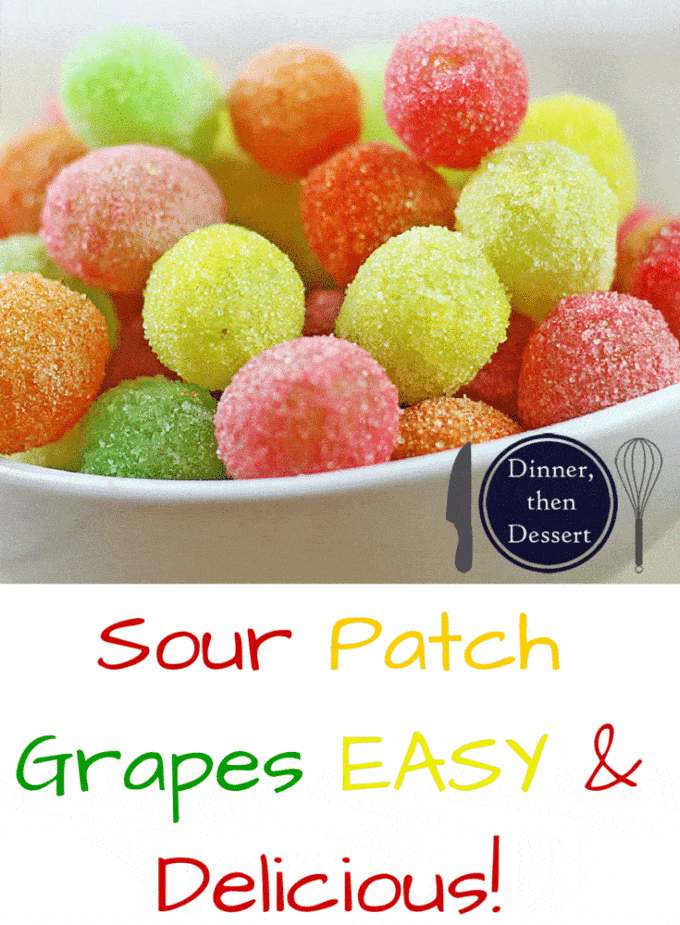 Sour Patch Grapes are my new go to for my sour candy fix! With only two ingredients, these candied grapes come together in seconds and taste like you threw deliciously tart green grapes into the machines at the Sour Patch Candy factory!