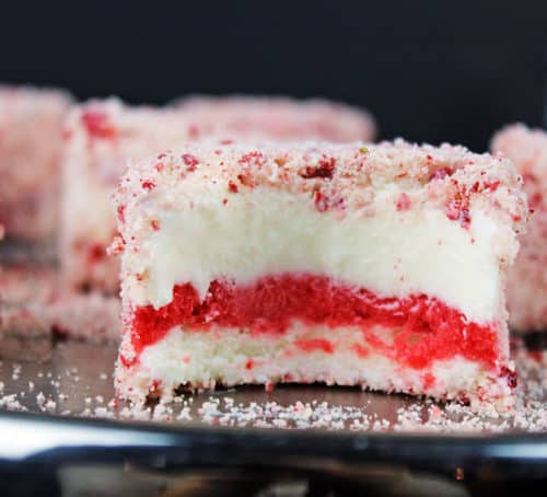 Strawberry Shortcake Bars are made with rich Vanilla Ice Cream sandwiched around Fresh Strawberry Sorbet and rolled in a deliciously nostalgic strawberry crumb topping with a butter crumb made with milk powder and freeze dried strawberries. I promise you'll feel like you took a trip back into your childhood when you take a bite but you will love that they are made with natural flavors!
