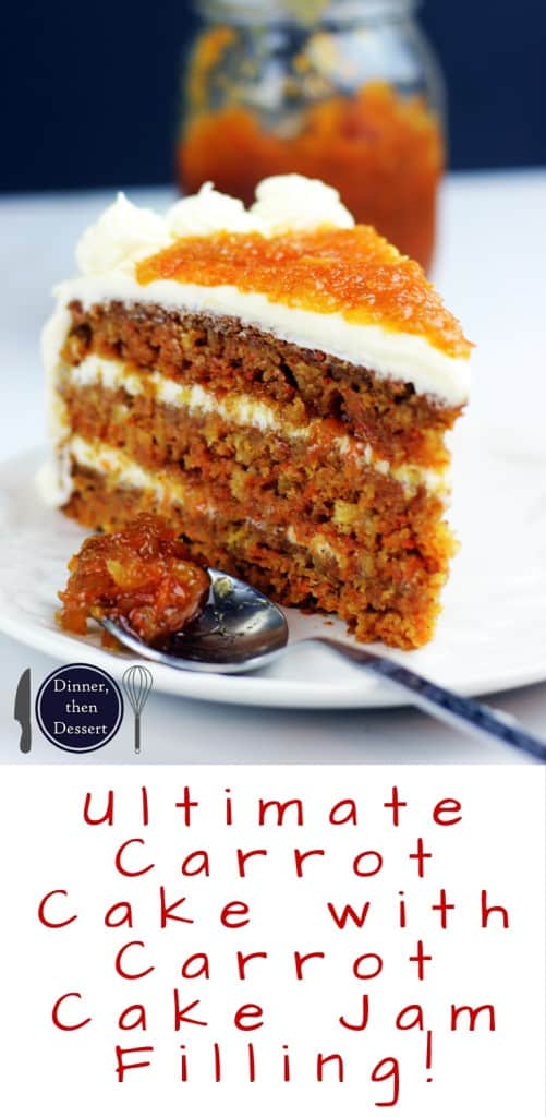 Luscious (nut free) carrot cake made with pineapple and filled with homemade carrot cake jam and cream cheese frosting. Instructions included for making extra layers too. This is the ultimate in carrot cakes and a perfect holiday dessert!