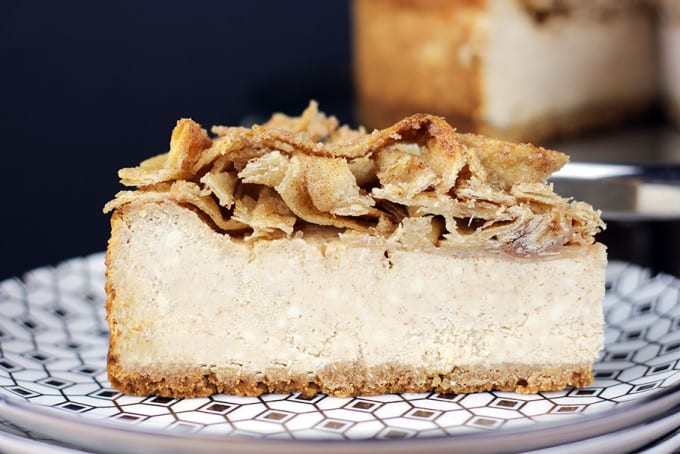 A tall, creamy, rich NY-Style Cinnamon Sopapilla Cheesecake topped with crispy, buttery, cinnamon sugar tortillas. This Cheesecake has it all, a rich taste with a hint of cinnamon spice topped with a crispy sweet crunch, it is a showstopper of a dessert!