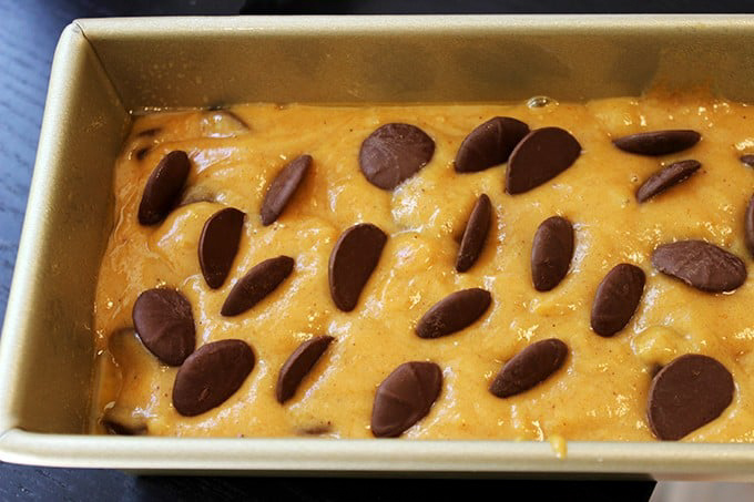 chocolate chips placed in pumpkin bread batter