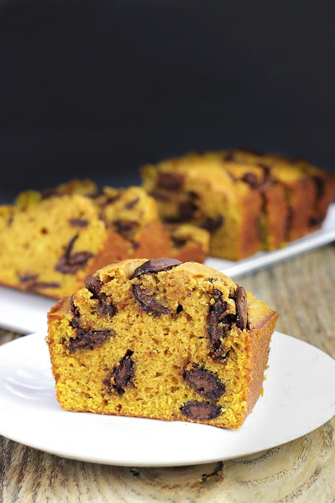 Slice of Chocolate Chip Pumpkin bread on white plate