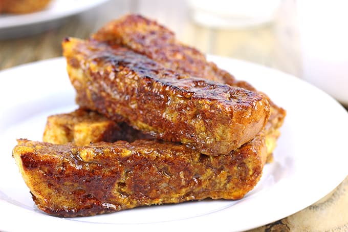 Br?l?ed Pumpkin French Toast Sticks. French bread soaked in a pumpkin egg custard flavored with cinnamon, nutmeg and vanilla is cooked on a griddle, then rolled in brown sugar and cooked a second time to caramelize the surface. Who needs syrup when you have crispy brown sugar on your French toast?
