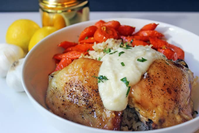 Zankou Chicken Copycat Bowl with their Chicken with Brown Rice Pilaf, Armenian Garlic Sauce & Lemon Scented Carrots. Serve with hot peppers and pickled turnips for a totally authentic experience.