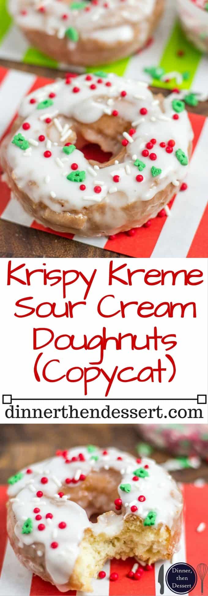 Classic Sour Cream Doughnuts fried to perfection with a classic powdered sugar glaze just like at Krispy Kreme! No yeast makes these doughnuts easy to make and with festive sprinkles a fantastic Holiday brunch/party treat!