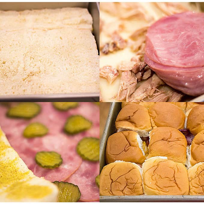 Baked Cuban Pork Party Sliders have pork shoulder, sliced ham, Swiss cheese, pickles, brown mustard and a butter whole grain mustard topping make these party sliders a perfect gameday treat and put the standard ham and cheese versions to shame.