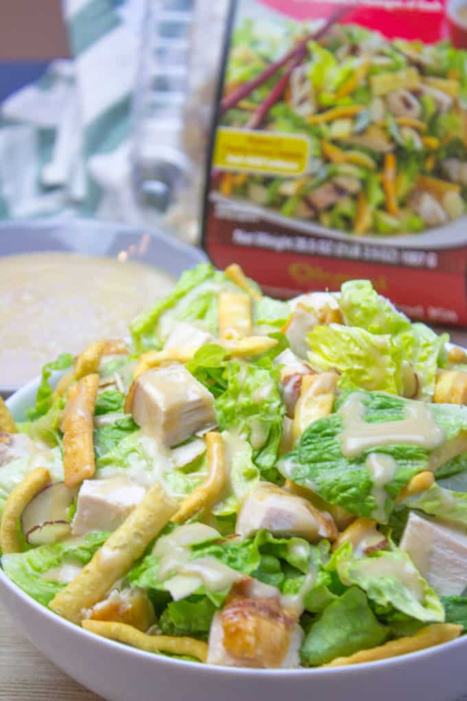 All the flavors of the Costco Chinese Style Salad Kit without the 10$ price tag and the prepackaged chicken. Delicious honey miso dressing with chicken, almond and crispy toppings.