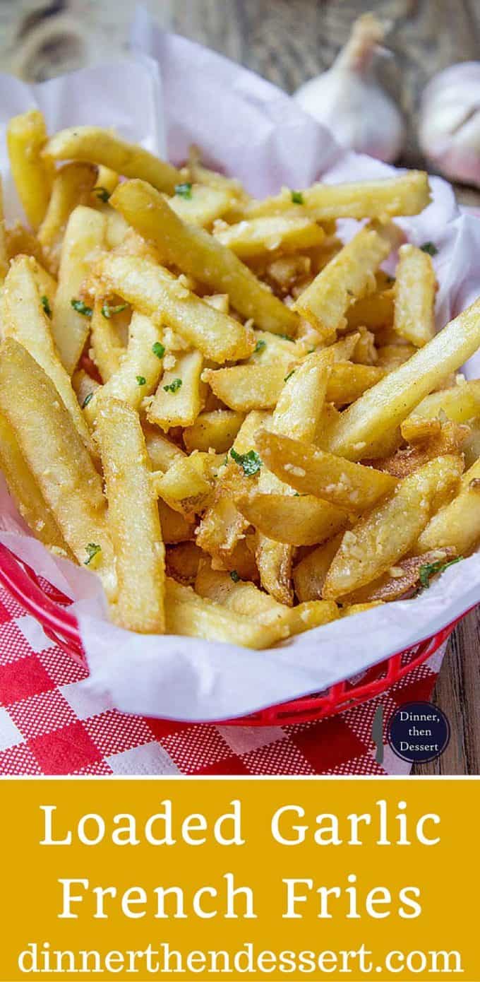 Oven Baked Loaded Garlic French Fries tossed in slightly warmed chopped garlic, olive oil and kosher salt, just like you enjoy at the ball game!