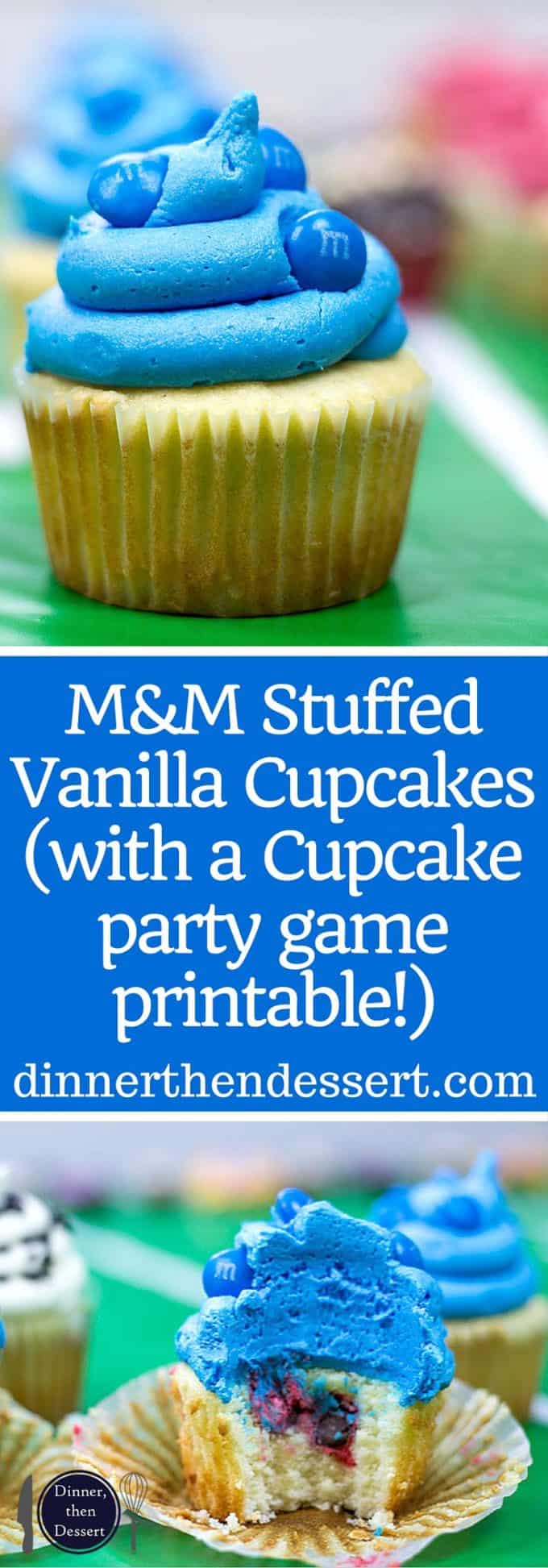 M&M's Stuffed Easy Vanilla Cupcakes with Vanilla Frosting and the stuffing makes for a fun party game for teams! (with a Super Bowl party game printable!)