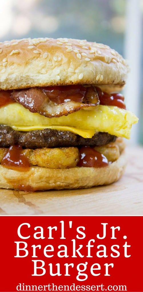 Carl's Jr. Breakfast Burger with seared beef patty, crispy hash browns, scrambled eggs, cheese and glorious bacon. All the flavor, no drive through.