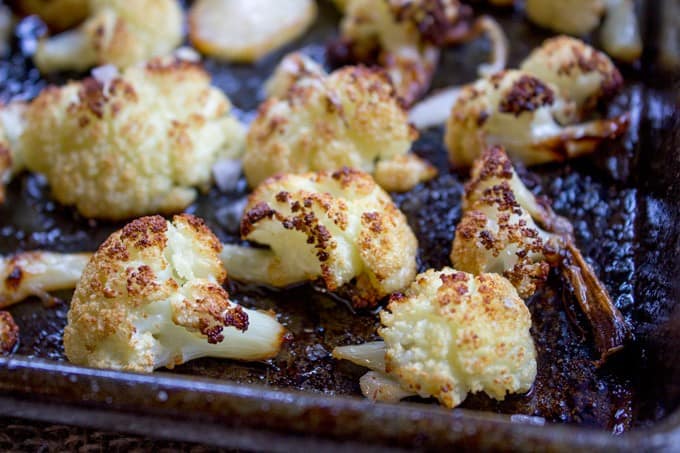 Baked Cauliflower out of the oven on baking sheet