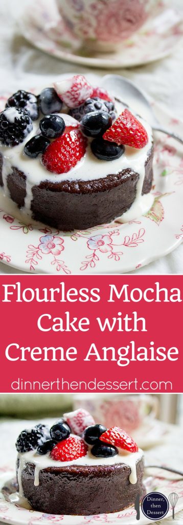 Flourless Mocha Cake with Creme Anglaise will leave your guests thinking it came from a bakery or restaurant. Dense mocha cake with vanilla cream is like the best coffee and cream dessert you've ever had.