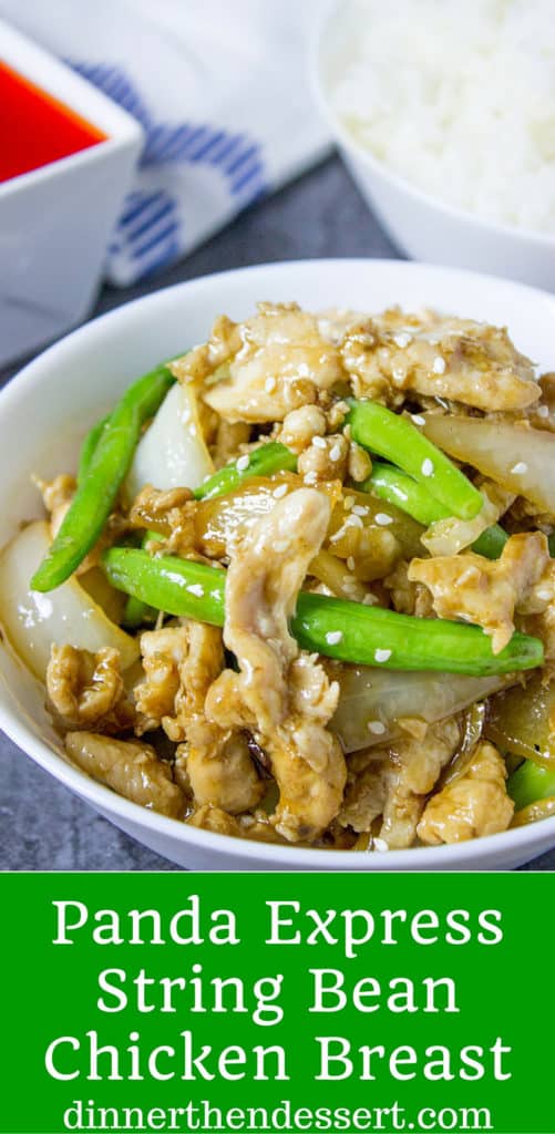 Panda Express String Bean Chicken Breast with onions cooked quickly in a wok in a light ginger soy sauce.