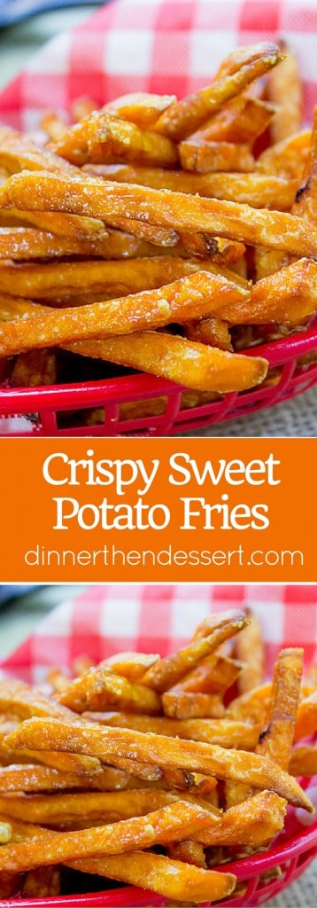 Crispy Sweet Potato Fries with a single magic ingredient to keep them crispy! No more soggy fries, these stay crispy even if you have to reheat in the oven.