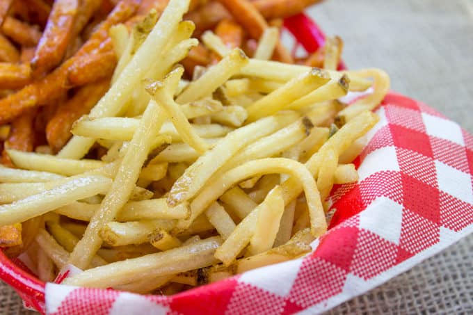 Shoestring Fries made with russet and sweet potatoes