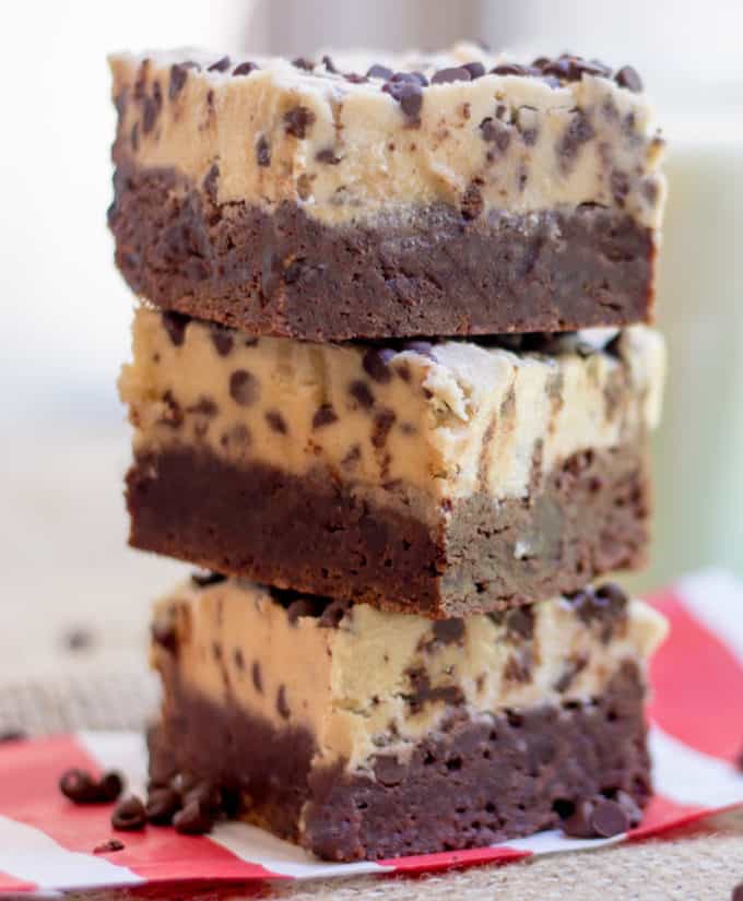 Cookie Dough Brownies made with a rich dark chocolate brownie base and an eggless cookie dough layer. The best part of cookies and brownies all in one!