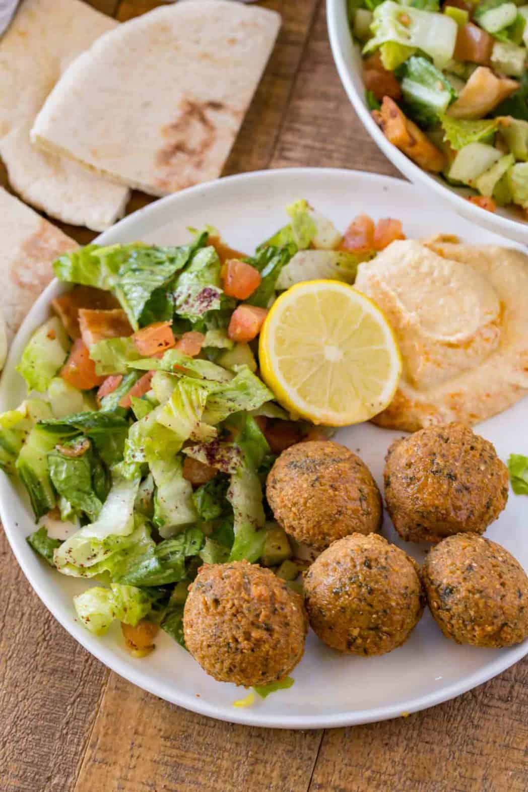 Falafel recipe with no canned beans served with hummus and salad