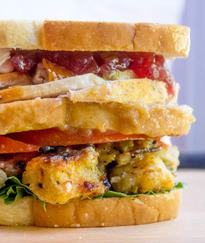 Ross Geller's legendary Turkey Moist Maker Sandwich in all its glory. Turkey breast, stuffing, cranberry sauce and the important moist maker layer, this is the sandwich of your dreams. 