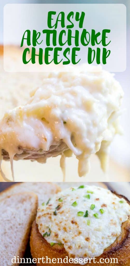 Artichoke Cheese Dip takes five minutes of prep and full of artichokes, Parmesan and cream cheese that is baked in a bread bowl for the perfect appetizer! dev.dinnerthendessert.com