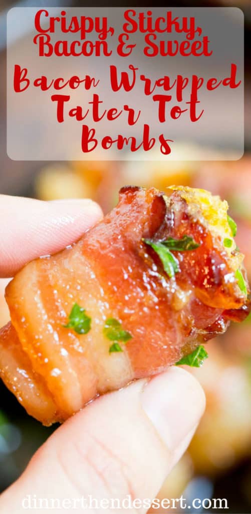 Bacon Wrapped Tater Tot Bombs are an easy appetizer of tater tots and sharp cheddar cheese wrapped in thick cut bacon, rolled in brown sugar and baked. dev.dinnerthendessert.com
