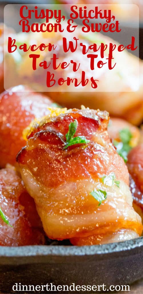 Bacon Wrapped Tater Tot Bombs are an easy appetizer of tater tots and sharp cheddar cheese wrapped in thick cut bacon, rolled in brown sugar and baked. dev.dinnerthendessert.com