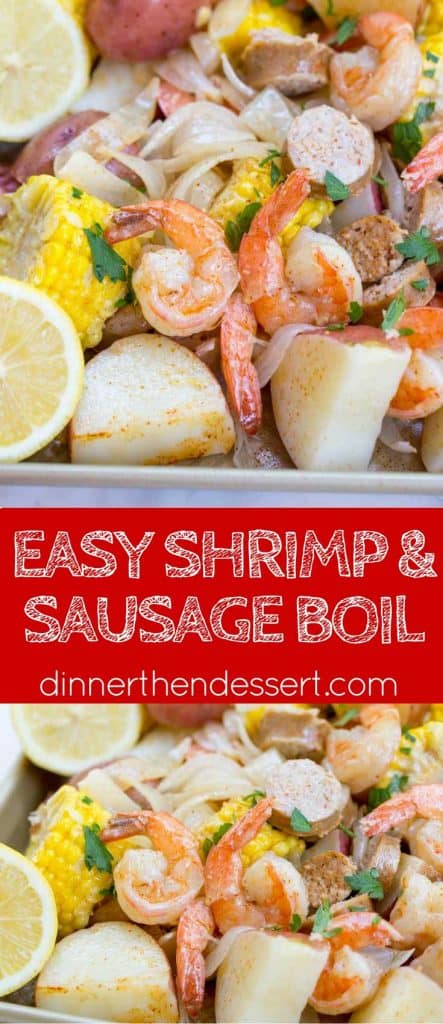 Easy Shrimp Boil recipe with andouille sausage, corn and potatoes is the perfect summer recipe to enjoy the last few weeks of summer before life goes back to normal and most meals aren't served on giant trays and newspaper.