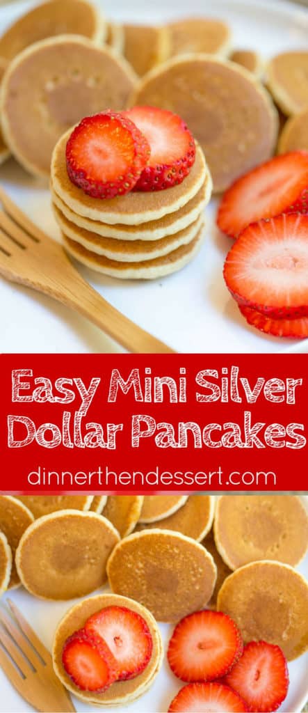 Mini Pancakes, sometimes called Silver Dollar are the easiest quickest little pancake bites that are perfect for parties, brunches, kids and pancake kabobs! dev.dinnerthendessert.com