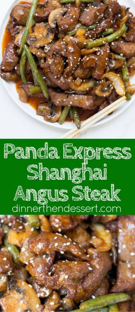 Panda Express Shanghai Angus Steak is a quick stir fry dish with thinly sliced steak, mushrooms, onions and green beans in a savory sesame sweet soy sauce.
